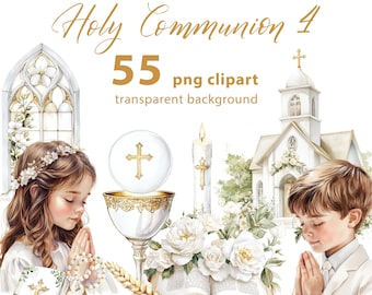 Elementi della Santa Comunione e ragazzi e ragazze che pregano 55 PNG Clipart - Grafica su sfondo trasparente