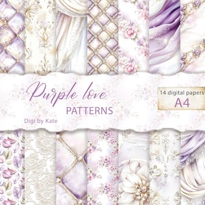 Pastell-Lila und Gold Muster - Set von 14 A4 JPG Scrapbook Seiten