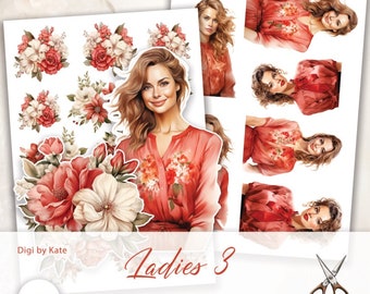 May include: Two pages of printable digital paper with images of women in red floral dresses and bouquets of flowers. The text "Ladies 3" and "2 pages - FUSSY CUT" is on the bottom of the page.