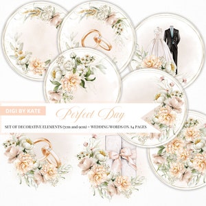 Op de afbeelding: Set van 7 cm en 9 cm decoratieve elementen voor huwelijksuitnodigingen of scrapbooking. De elementen omvatten bloemkransen, ringen, een bruidspaar en een geschenkdoos. Het ontwerp is in aquarelstijl met perzik, wit en groene kleuren.