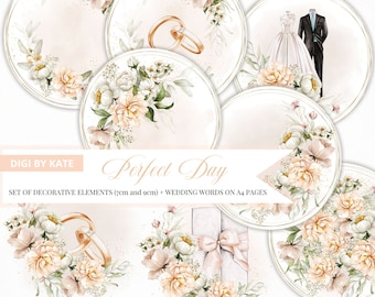 Wedding Printable Circles, Digital Wedding Elements, Wedding Journal Tags, Cupcake Toppers Wedding, Wedding Words, Wedding Round Stickers