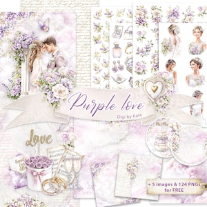 Pastelpaarse bruiloft digitale papieren bundel voor junk journal en scrapbooking, Big Journal Kit