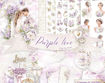 May include: A digital art collection with a wedding theme, featuring a couple, floral arrangements, and wedding-related graphics. The color palette is soft, with shades of purple and white. Text includes "Purple love" and "Happily Ever After".