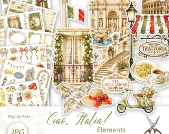 Ciao Italia Fussy Cut Elements on 7 A4 Pages for Scrapbooking and Journaling
