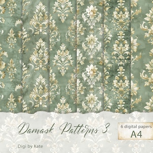 Patrones de damasco en colores verde y beige en 6 páginas A4 JPG