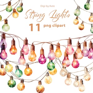 String Lights 11 PNG Clipart Set, Fairy Lights Watercolor, Kolorowe świąteczne lampki sznurkowe na imprezę, Junk Journals, Przezroczyste tło