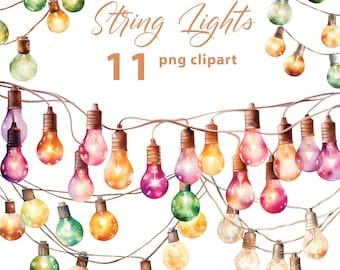 Luces de cadena 11 PNG Clipart Set, luces de hadas acuarela, luces de cadena navideñas de colores, diarios basura, fondo transparente