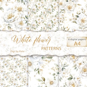 Weiße Blumen Muster auf 6 A4 JPG Seiten, weiße und goldene Hintergründe für Scrapbook und Junk Journal