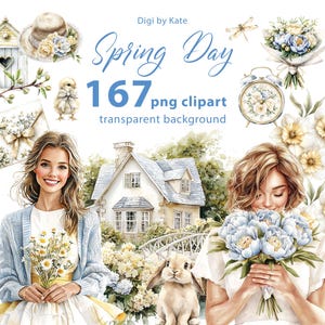 167 imágenes PNG de primavera sobre fondo transparente en colores azul pastel y amarillo pastel