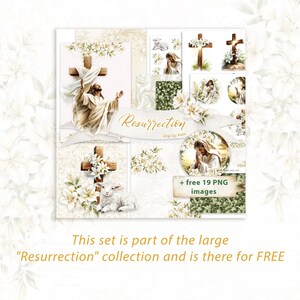 May include: A digital scrapbooking kit with a white background and a variety of images related to the resurrection of Jesus Christ. The kit includes images of a cross, lilies, a lamb, and Jesus. The text "Resurrection Digi by Kate + free 19 PNG images" is also included in the image.