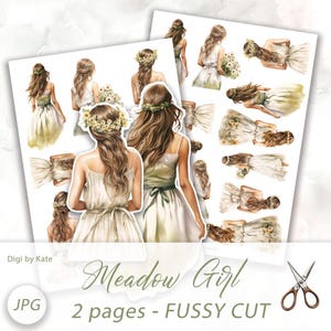 Meadow Girl Fussy Cut em 2 páginas A4 JPG com ilustrações femininas para imprimir e cortar