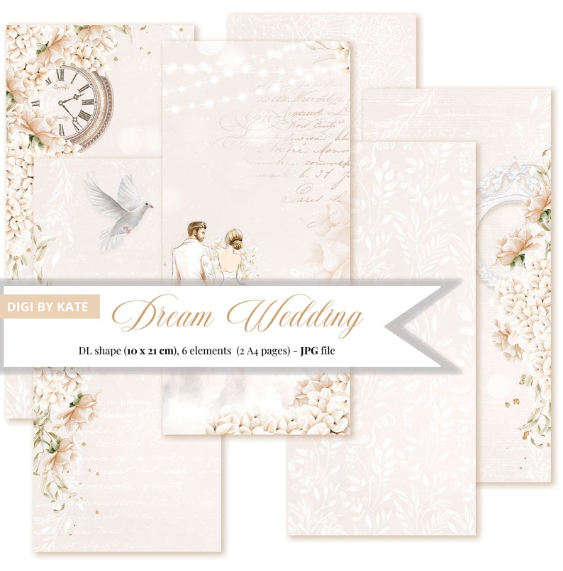 May include: A set of six digital papers featuring a romantic wedding theme. The papers include a couple, a clock, flowers, and a delicate pattern. The papers are in a DL shape, measuring 10 x 21 cm, and are perfect for creating invitations, cards, and other wedding stationery.