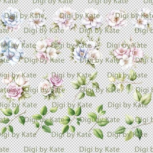 May include: Watercolor floral clip art featuring various flower arrangements and leafy branches. The flowers are in shades of white, pink, and blue, with green leaves. The text "Digi by Kate" is repeated throughout the image.