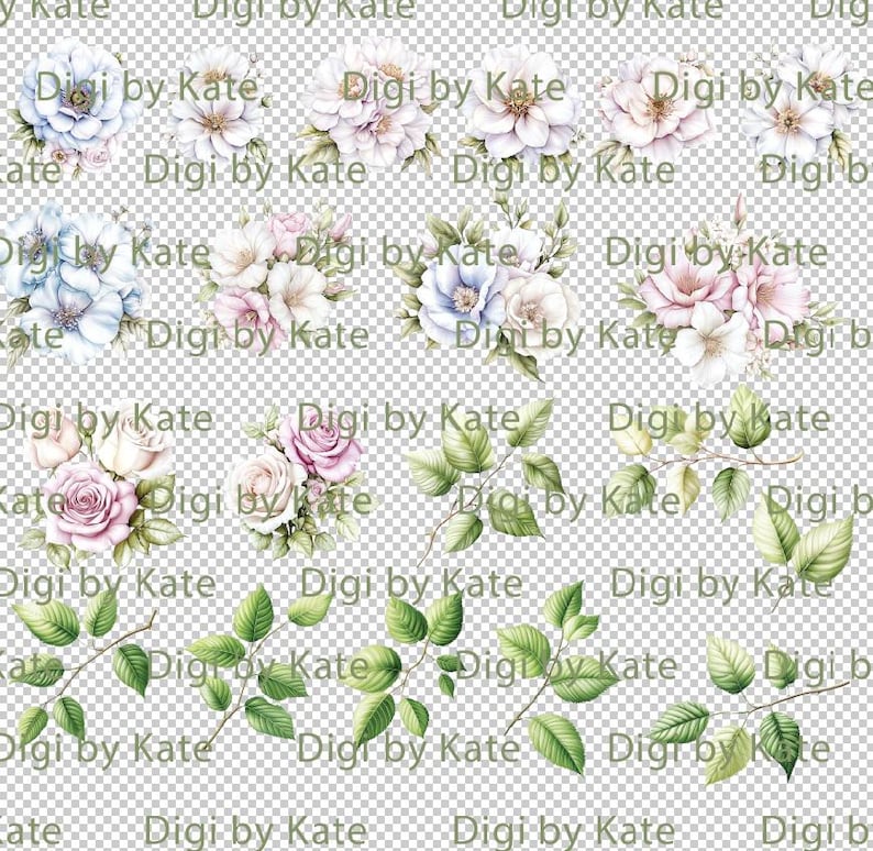 May include: Watercolor floral clip art featuring various flower arrangements and leafy branches. The flowers are in shades of white, pink, and blue, with green leaves. The text "Digi by Kate" is repeated throughout the image.