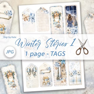 Histórias de inverno 1 etiquetas 1 A4 JPG para impressão, enfeites de diário de inverno, coisas efêmeras, impressão e corte de etiquetas decorativas para presente de inverno