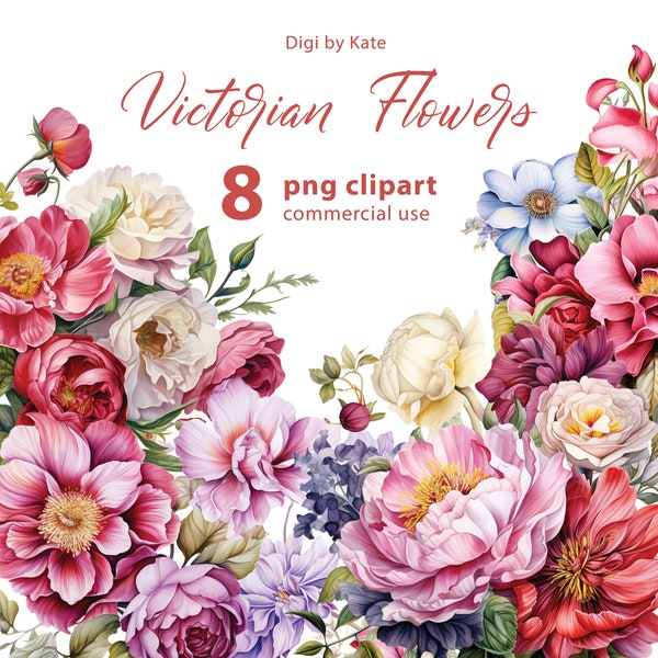 Victorian Flower Bouquet 8 PNG Clipart Set, Victorian Flowers Watercolor Bundle, Vintage Bouquet PNG Graphics, Transparent Background