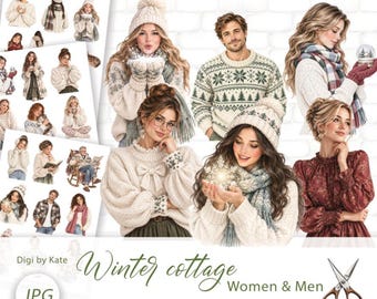Winter Cottage Fussy Cut on 3 A4 JPG Pages with Women and Men for Scrapbooking