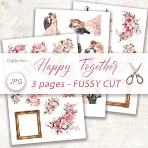 Happy Together Fussy Schnitt auf 3 A4 JPG Seiten mit Hochzeitselementen in Pinker Farbe