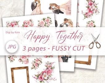 Happy Together Fussy Cut on 3 A4 JPG Pages with Wedding Elements in Pink Color