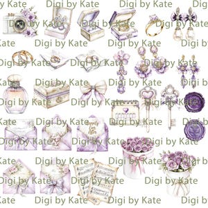 K&ouml;nnte beinhalten: Aquarellillustrationen mit Hochzeitsmotiven, darunter Ringe, Schmuckk&auml;stchen, Ohrringe, Parf&uuml;m, Schleifen, Schl&uuml;ssel, Umschl&auml;ge, ein Kalender, Notenbl&auml;tter und Blumenarrangements. Die Farbpalette ist haupts&auml;chlich in Lila und Wei&szlig; gehalten.