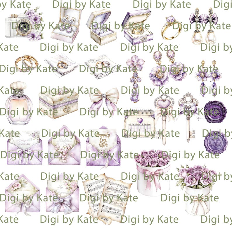 K&ouml;nnte beinhalten: Aquarellillustrationen mit Hochzeitsmotiven, darunter Ringe, Schmuckk&auml;stchen, Ohrringe, Parf&uuml;m, Schleifen, Schl&uuml;ssel, Umschl&auml;ge, ein Kalender, Notenbl&auml;tter und Blumenarrangements. Die Farbpalette ist haupts&auml;chlich in Lila und Wei&szlig; gehalten.