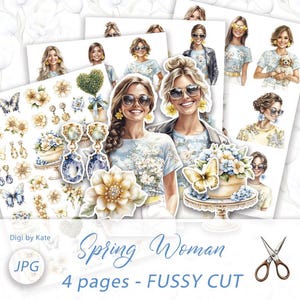 Mujeres primaverales recortadas en tonos pastel azul y amarillo en 4 páginas JPG A4 para diarios y álbumes de recortes. Imprima y corte elementos primaverales