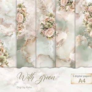 Green and Beige Floral Digital Paper Pack - 5 A4 Pages, Scrapbook and Journal Supplies
