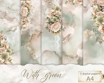 Green and Beige Floral Digital Paper Pack - 5 A4 Pages, Scrapbook and Journal Supplies