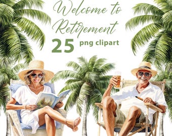 Benvenuti al pensionamento 25 PNG Clipart Set, acquerello pensionato, illustrazioni di pensionamento sulla spiaggia, PNG pensionato, sfondo trasparente