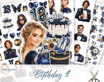 May include: Five printable pages of digital scrapbook paper featuring a blue and gold birthday theme. The pages include illustrations of a cake, a camera, a shoe, a butterfly, and a woman with a blue dress. The text "Birthday 4" and "5 pages - FUSSY CUT" are also included.