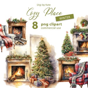 Winter Cozy Place 8 PNG Clipart Set, Winter Watercolor Illustrations of Cozy Nook on Transparent Background
