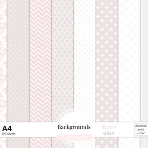 Blush and Grey Background Digital Paper, A4 Digital Damask Paper, Stripes and Dots, Digital Backgrounds