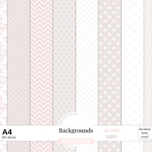 Blozen en grijze achtergrond digitaal papier, A4 digitaal damastpapier, strepen en stippen, digitale achtergronden