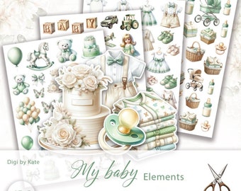 Cosas de bebé recortadas en 4 hojas A4 JPG, ilustraciones de elementos para bebés