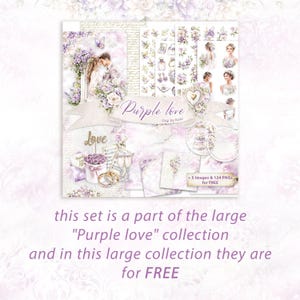 K&ouml;nnte beinhalten: Ein digitales Kunstset mit dem Titel "Purple Love" mit Illustrationen von Paaren, Blumen und dekorativen Elementen in Lila und Wei&szlig;. Das Set enth&auml;lt PNG-Bilder und das Wort "Love".