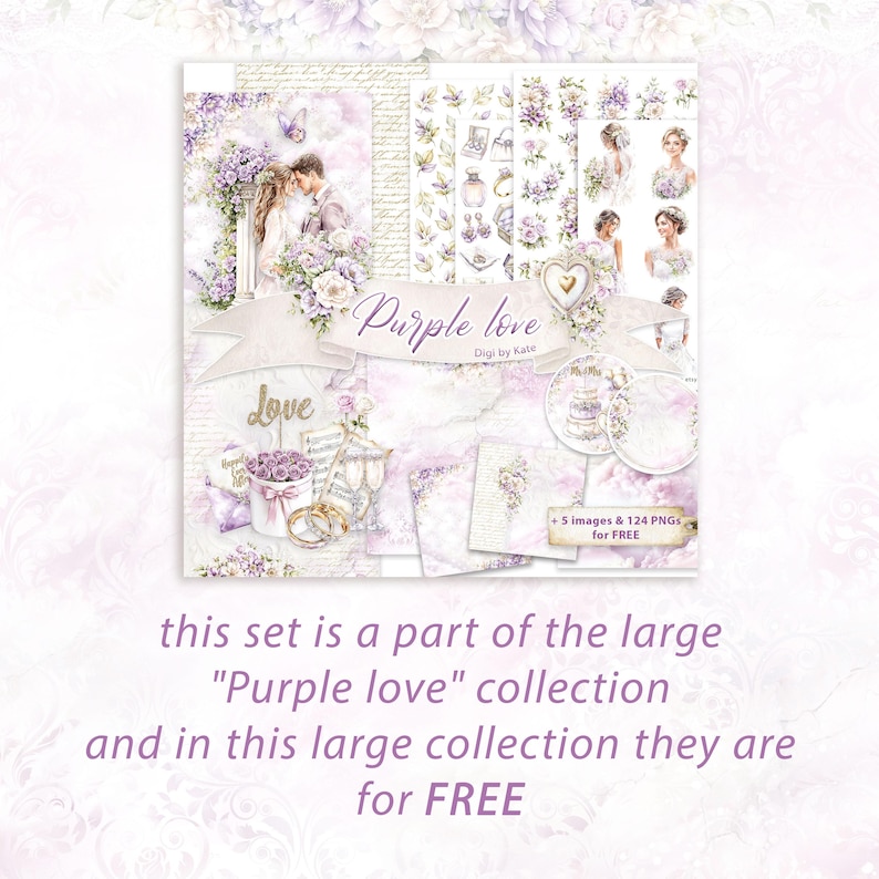 K&ouml;nnte beinhalten: Ein digitales Kunstset mit dem Titel "Purple Love" mit Illustrationen von Paaren, Blumen und dekorativen Elementen in Lila und Wei&szlig;. Das Set enth&auml;lt PNG-Bilder und das Wort "Love".