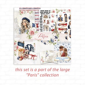 May include: A digital art set with a Parisian theme. The design includes illustrations of the Eiffel Tower, a woman in a beret, and a couple kissing. The set also features floral elements and the word "Paris".