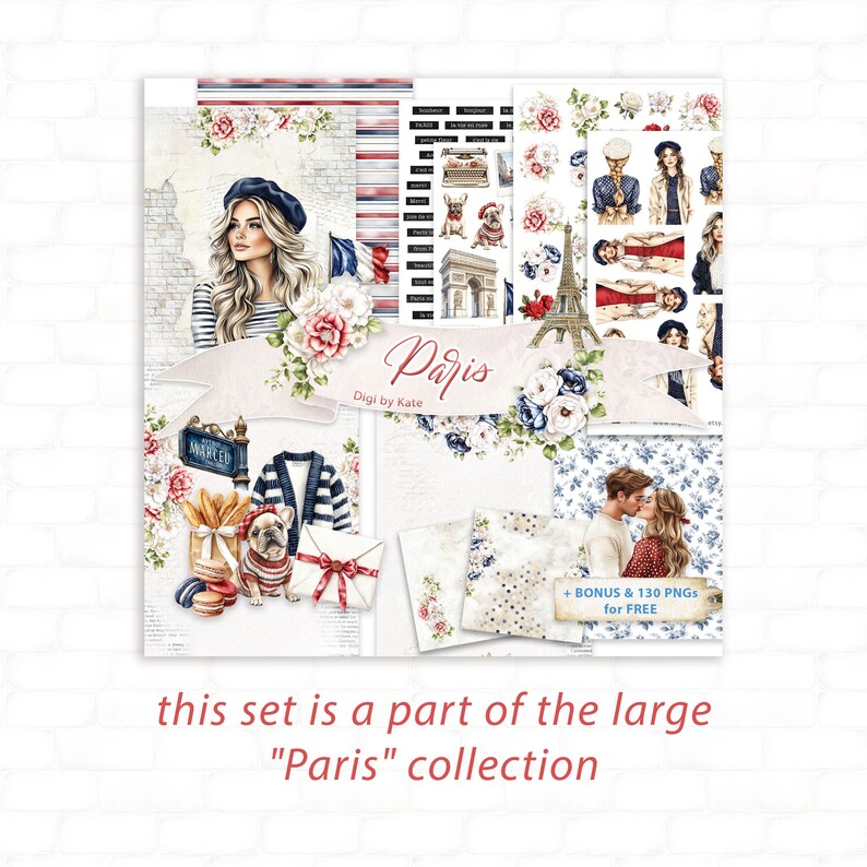 May include: A digital art set with a Parisian theme. The design includes illustrations of the Eiffel Tower, a woman in a beret, and a couple kissing. The set also features floral elements and the word "Paris".