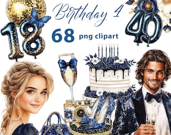 May include: A set of 68 digital clipart images for a birthday celebration. The images include a disco ball, balloons, a cake, a woman, a man, a champagne glass, a purse, a camera, and a bottle of champagne. The images are in a blue and gold color scheme. The text "Birthday 4" and "68 png clipart" are included in the image.