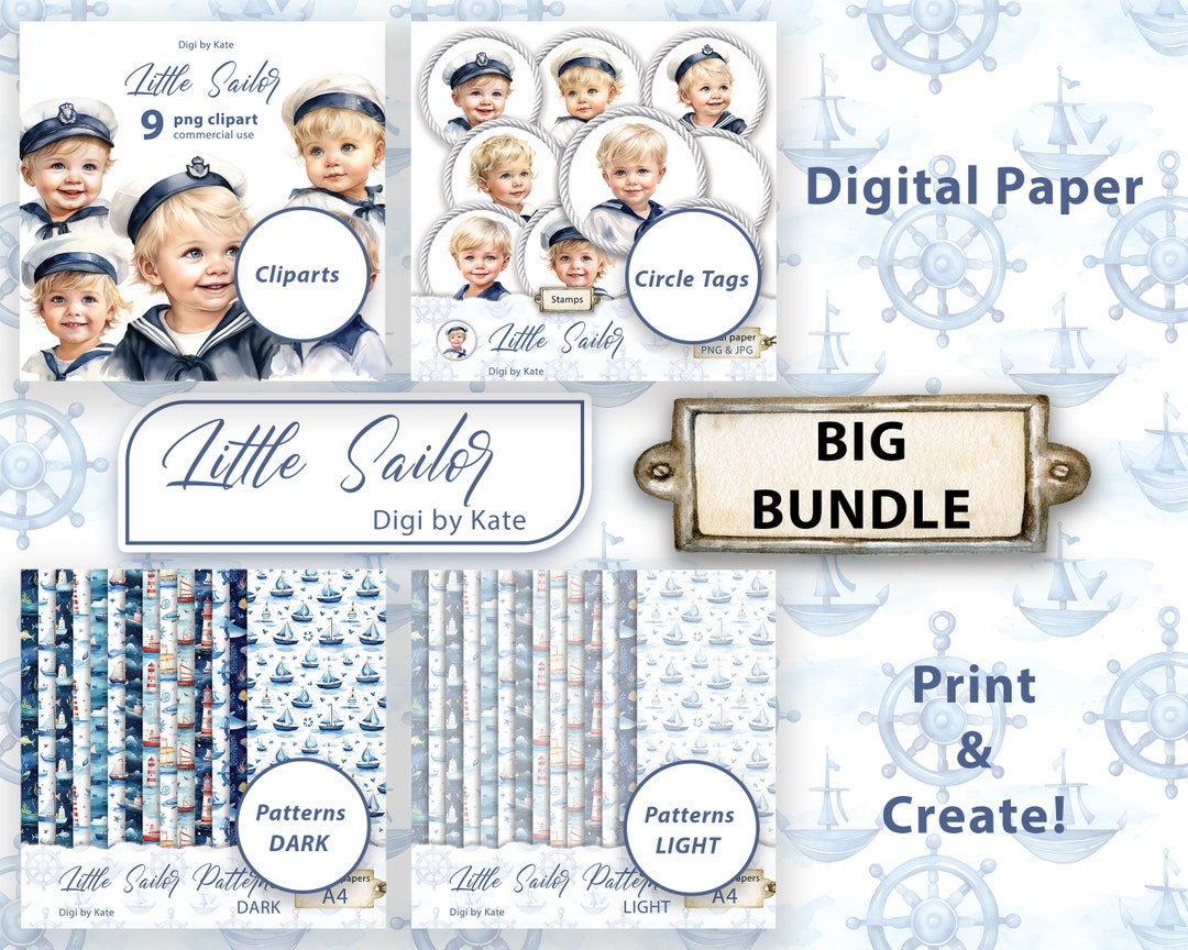 Little Sailor Big Bundle, PNG & JPG Digital Paper, Marine Journal ...