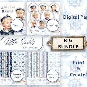 Little Sailor Big Bundle, PNG & JPG Digitales Papier, Marine Journal Elements, Nautik Clipart, Little Sailor Paper Pack