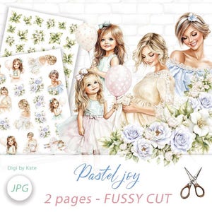 Può includere: Stampa d'arte digitale con illustrazioni di donne e bambini, palloncini e fiori. Il testo recita "Pastel Joy" e "2 pages - FUSSY CUT". L'immagine ha una morbida tavolozza di colori pastello su uno sfondo di mattoni bianchi.