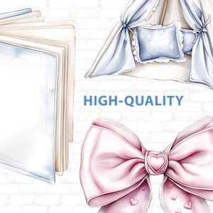 May include: Watercolor illustration featuring a light blue pillow with a white lace trim, a pink bow with a heart-shaped center, and a book with blank pages. The text "HIGH-QUALITY" is displayed in blue.