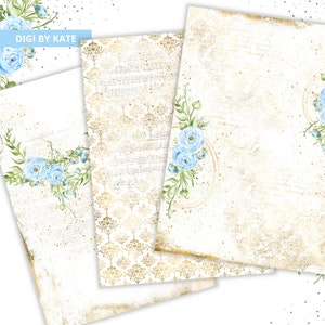 May include: Three digital paper designs featuring a white background with gold accents and blue flowers. The first design has a gold damask pattern. The second design has a musical note pattern. The third design has a floral wreath with a gold circle.