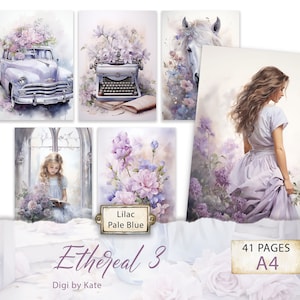 Ethereal 3 Lila und Hellblau 41 A4 Seiten mit Shabby Chic Style Grafiken, Romantisches Hintergrund Scrapbook Papier, Journal Digitales Papier
