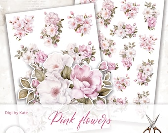 Fussy Cut Pink Flowers on 2 A4 JPG Pages for Journals and Scrapbooks, Junk Journal Print and Cut Elements