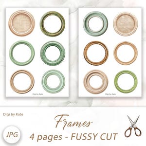 Round  Green and Beige Wooden Frames Fussy Cut on 4 A4 JPG Pages with Images to Print and Cut