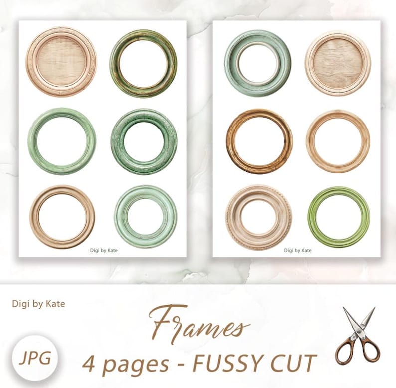 Round  Green and Beige Wooden Frames Fussy Cut on 4 A4 JPG Pages with Images to Print and Cut