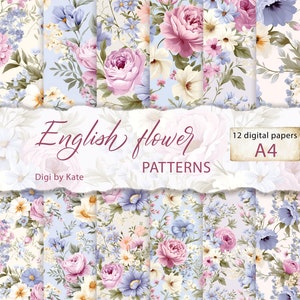 Engelse bloempatronen op 12 A4 JPG-pagina's, Floral Shabby Chic Achtergronden