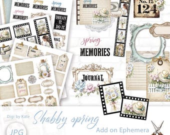 Shabby Spring Add on Ephemera on 5 A4 JPG Sheets, Pastel Elements for Journaling and Scrapbooking